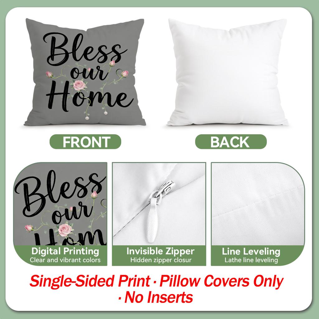 4 Pcs Monochrome Grey Floral Words Single-Sided Printed Pillowcase Cushion Cover,Suitable For Living Room,Bedroom,Car Decoration