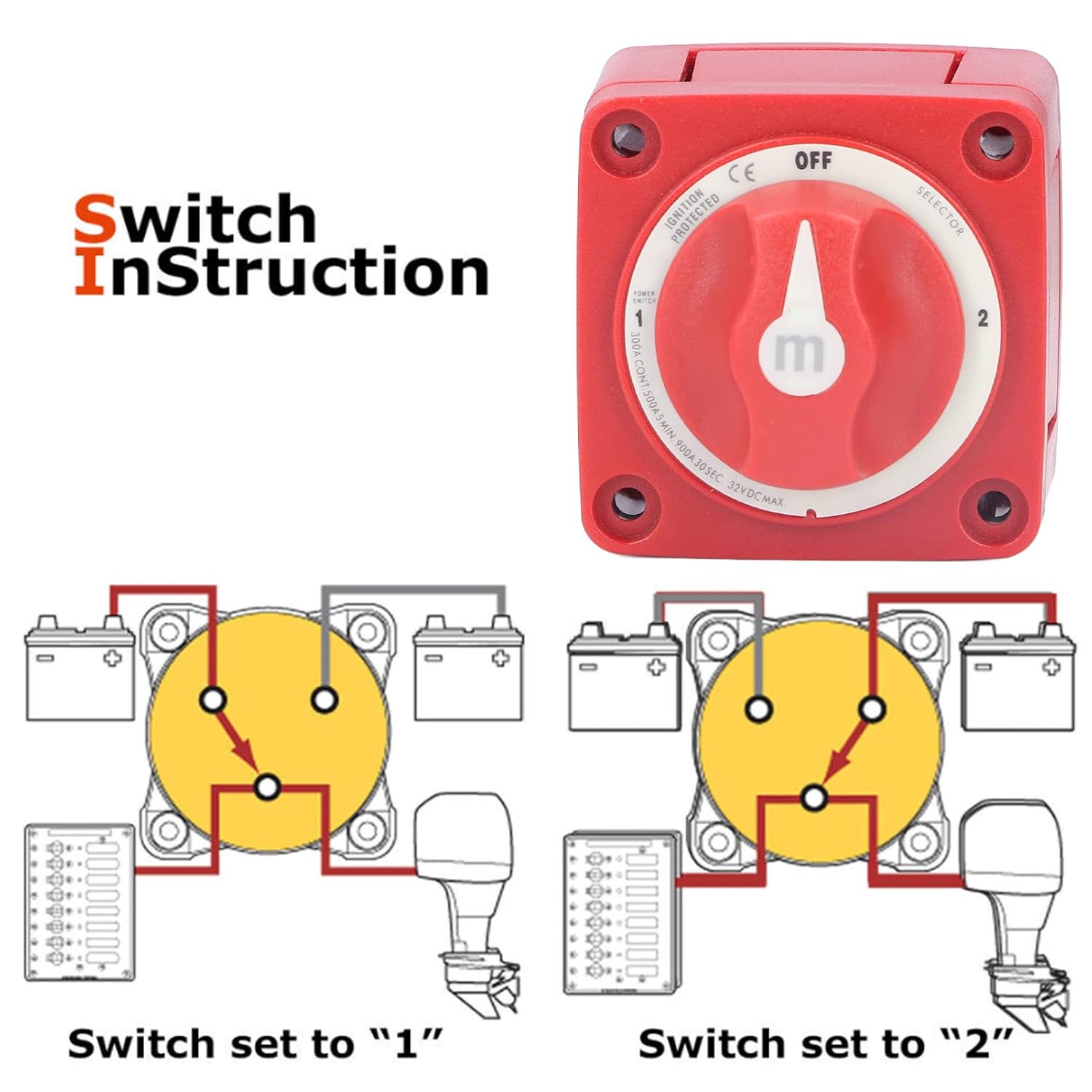 Akozon Battery Isolator, 300A Battery Switch 3 Position Dual Circuit Power Disconnect Switch Battery Cut Off Isolator for Marine Boat Car RV Battery