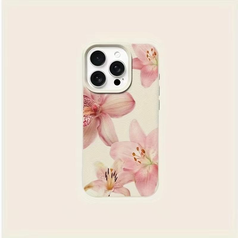 Pink Lily Flower Pattern Phone Case For iPhone 17 Pro Max 16 Plus 15 Pro 14 13 12 11 XR 17Air Lychee Textur Soft Cover