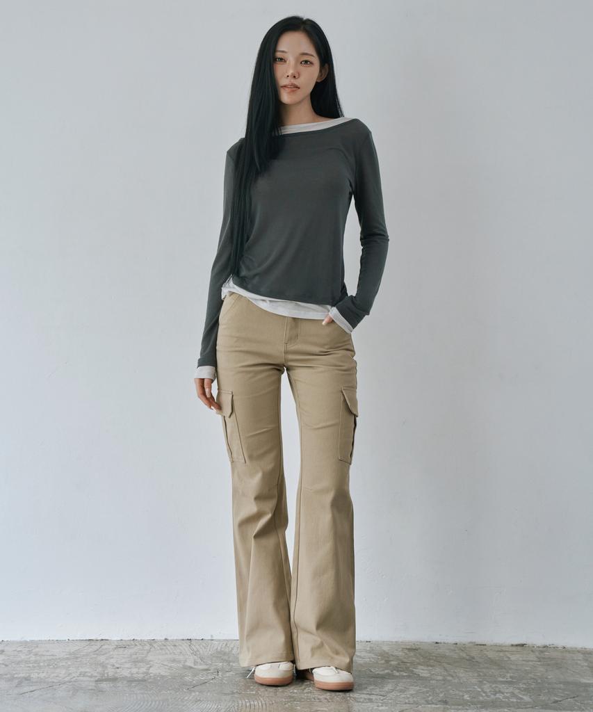 WAARFORWOMAN W1154 D-Ring Cargo Bootcut Pants_Beige