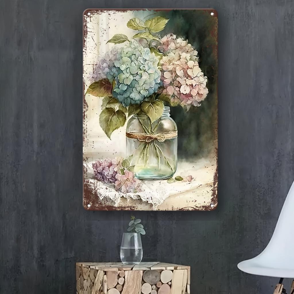 Vintage Hydrangea Flowers Art Decorative Metal Sign - Waterproof Wall Hanging Plaque for Home, Garden, Farmhouse - English Langu