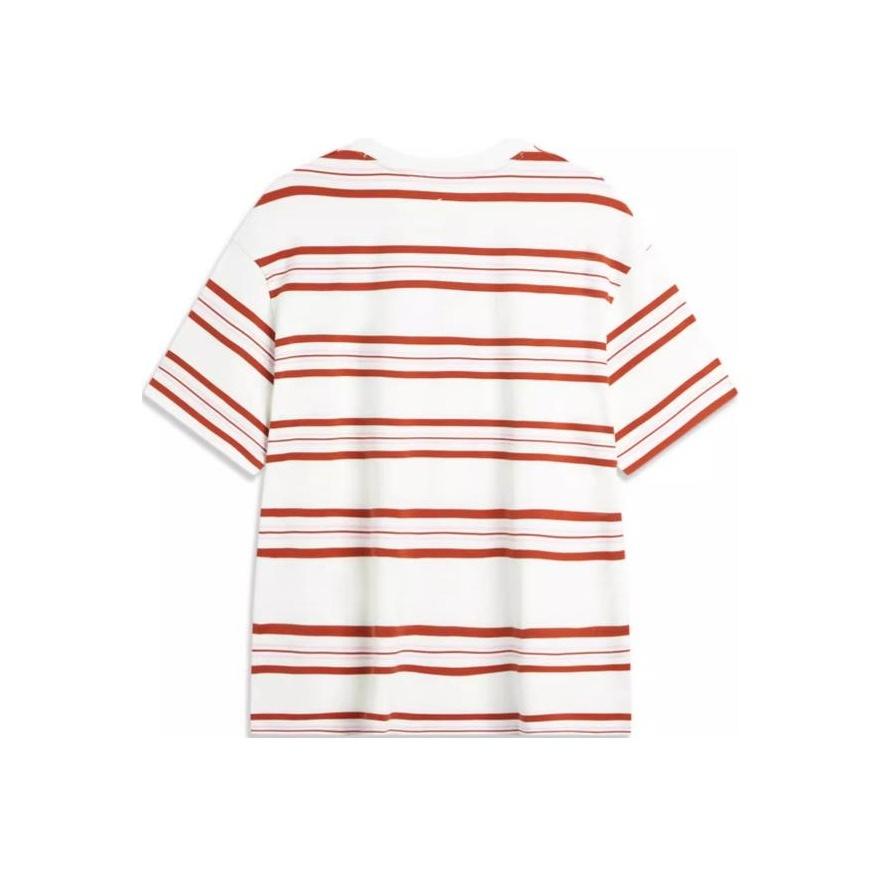 Li-Ning Weekend Youth Simple Versatile Striped Drop Shoulder Round Neck Cotton Short Sleeve T-Shirt Unisex Tops Off-White AHSU655-7