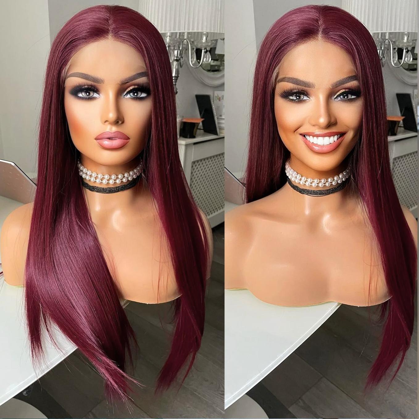 

AIMEYA Long Silky Straight Wigs for Women Copper Red Synthetic Lace Front Wig Daily Use Brown Wig Heat Resistant Fiber (Burgundy,18inches&Lace Front Wigs)