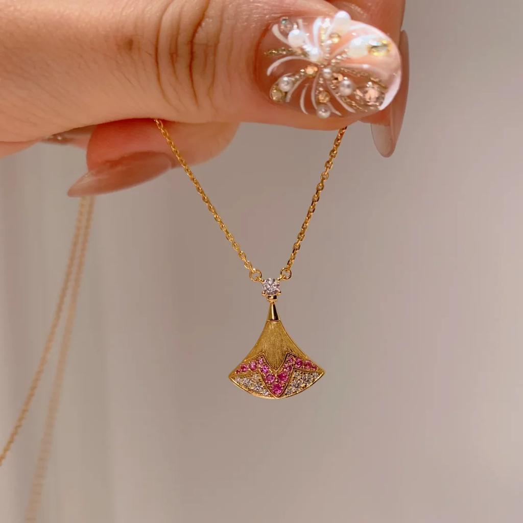 French Retro Pink Corundum Brushed Small Skirt Necklace Light Luxury Fashion Gold-Plated Fan Stud Earrings Set Women