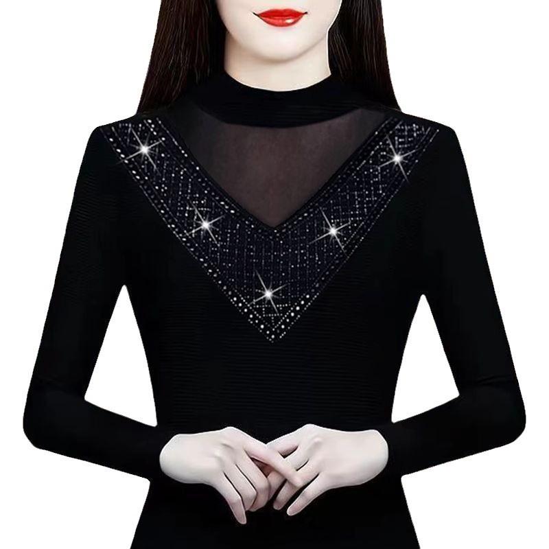 2024 Autumn/Winter Lace Rhinestone Embellished Trendy Hollow Out Blouse