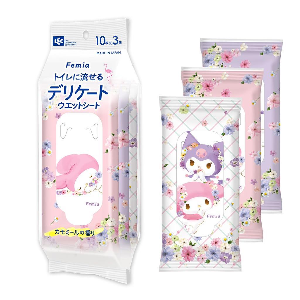 LEC Femia Flushable Delicate Wet 10 Sheets X 3 Packs Melody Chamomile Scent Wipes, (My & Kuromi),