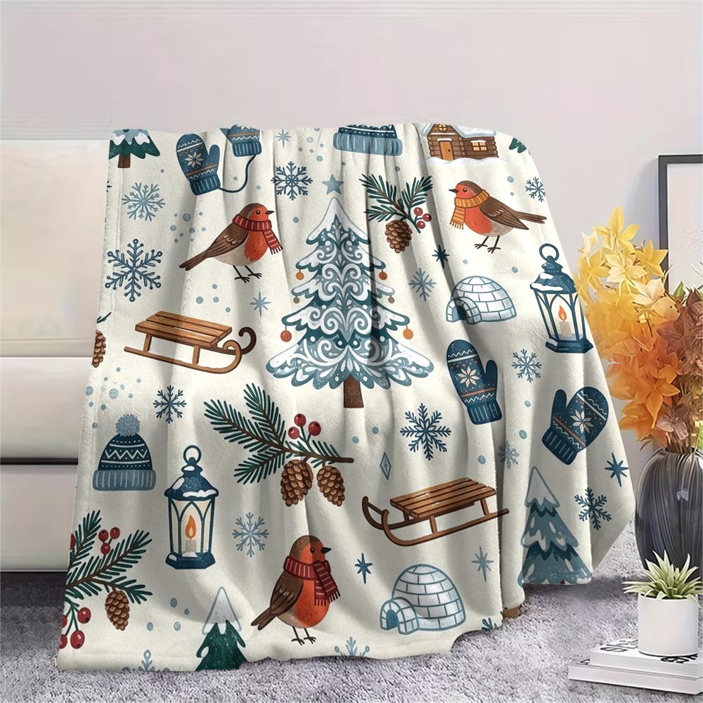 1Pc Cute Season Print Flannel Blanket, High quality Comfortable for All Seasons, Home Decor, Warmth and Comfort, Perfect for Christmas Gifts W50