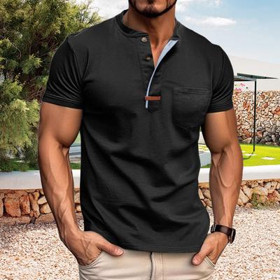 Men Summer Top with Chest Pocket Round Neck Short Sleeves Buttoned Solid