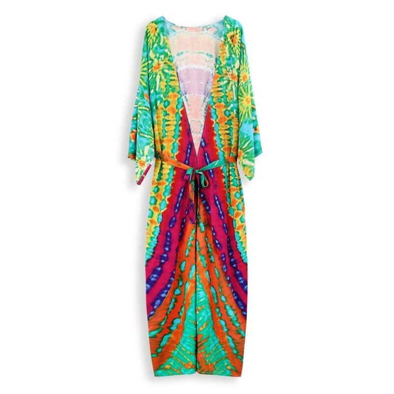 EDOLYNSA Bohemian Badeanzug Cover Up Retro Streifen Selbst Gürtel Frauen Sommer Kleidung Lange Kimono Kleid Beachwear Bikini Cover-ups Q1521