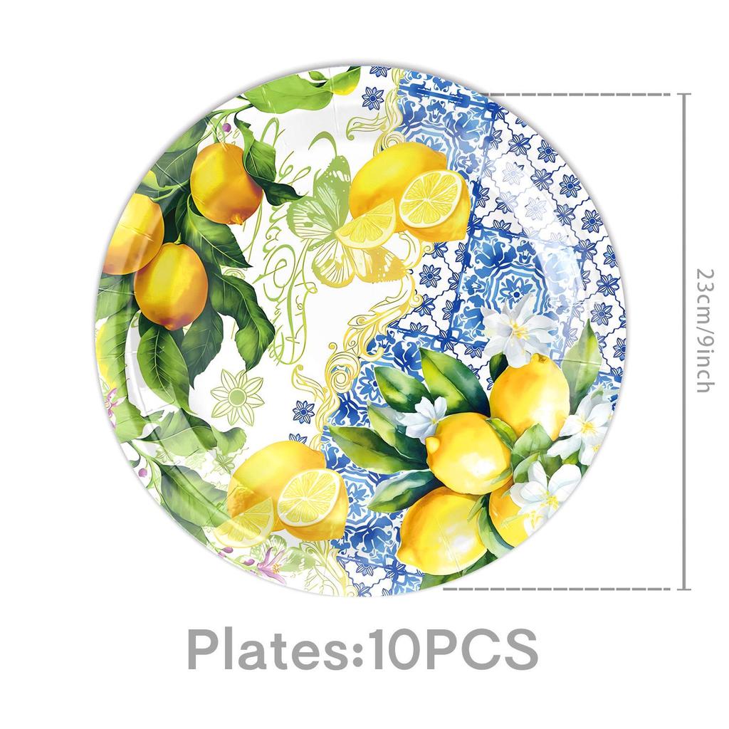 Retro Blue and White Porcelain Lemon-Themed Summer Party Tableware Set - Banner, Paper Plates, and Bunting Decorations