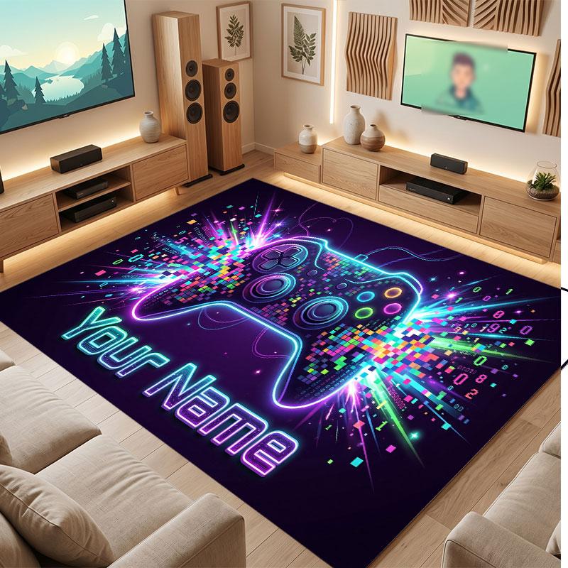 Game Controller Theme Crystal Velvet Floor Rug Personalized Custom Name Text Warm Carpet Home Decoration