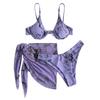 Women's Summer Fashion Sexy Marble-print Adjust The Shoulder Straps Waist  Veils Knot Hem Bikini  Three-pieces Swimsuit