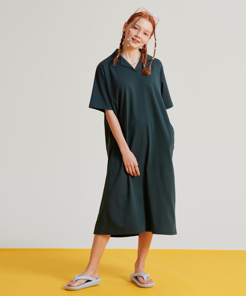 Metapeo Met Natural Collar Short Sleeve Long Dress Green