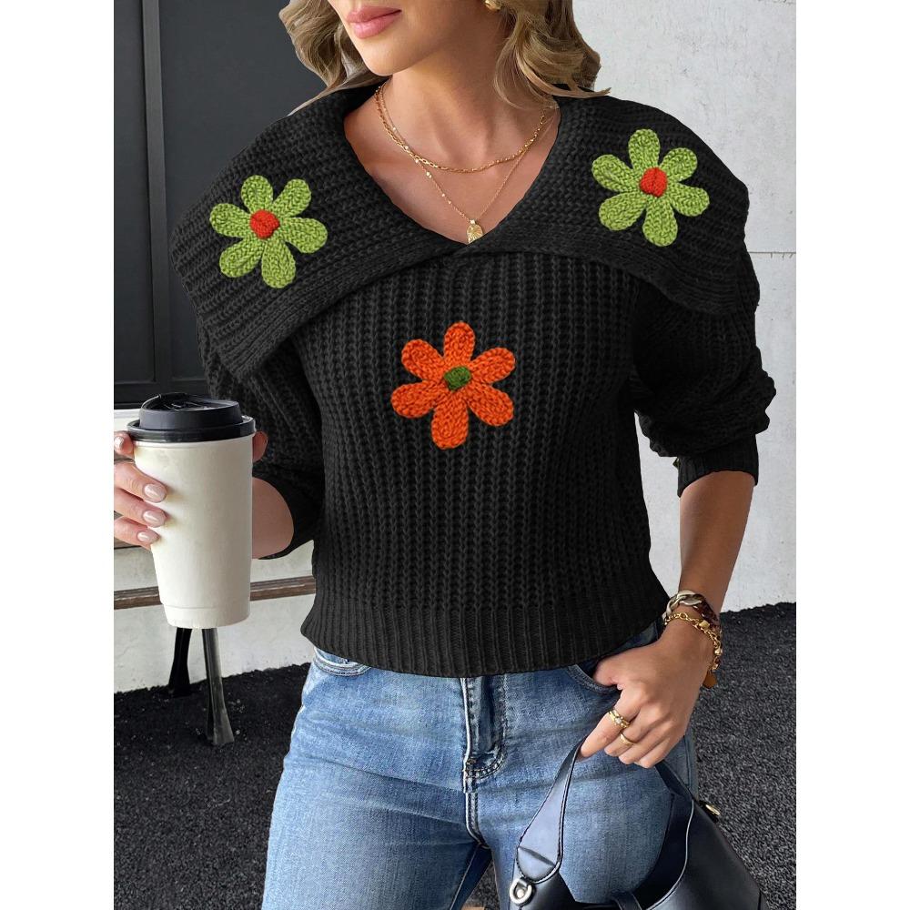 Women’s Cropped Top, Woven Knit, Large Lapel, Embroidered Floral Patchwork Pullover