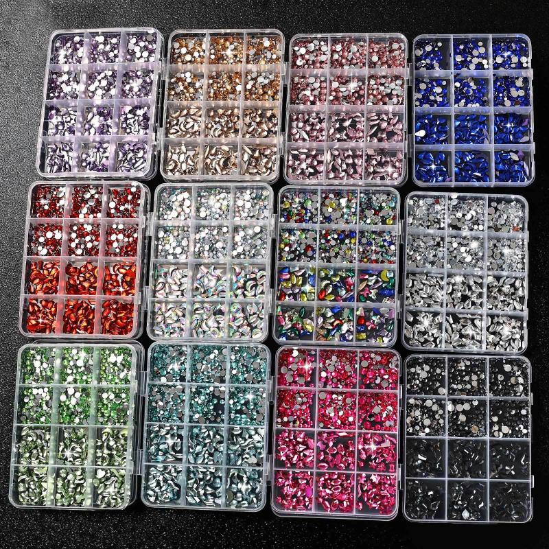12 Grids Flat Bottom Mixed Nail Diamond 12 Color Nail Rhinestone Shiny Colorful Nail Gems Glass Stones Nail Charm