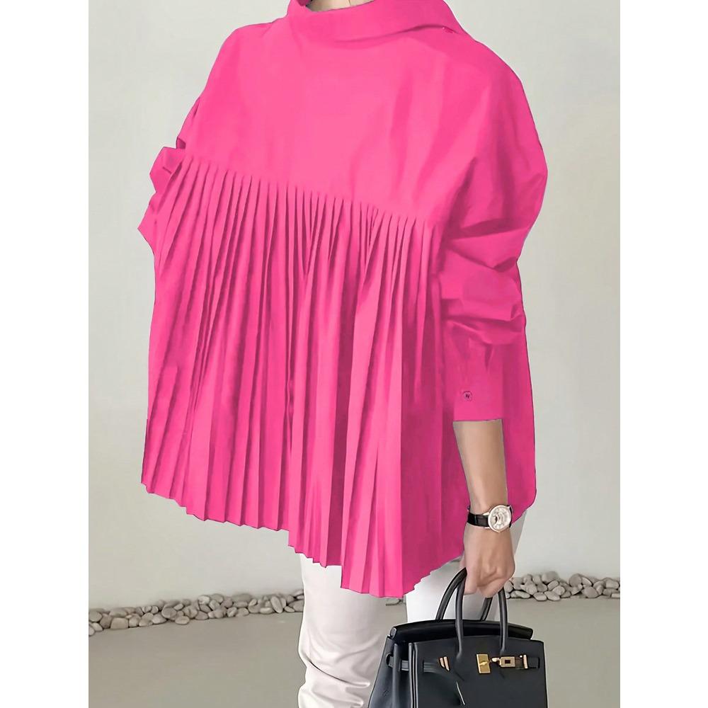 Dámská košile s klasickým límcem a dlouhým rukávem, oversized střih, jednobarevná, plisovaná, asymetrický lem, nadměrná velikost, ležérní, kancelářská halenka