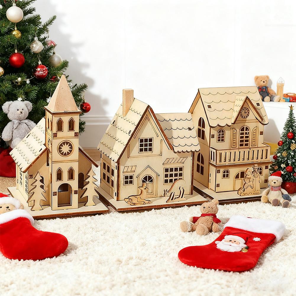 1/3PCS Festival Led Light Wood House Christmas Tree Decorations For Home Decoration Wooden House DIY Gift Window Decoration