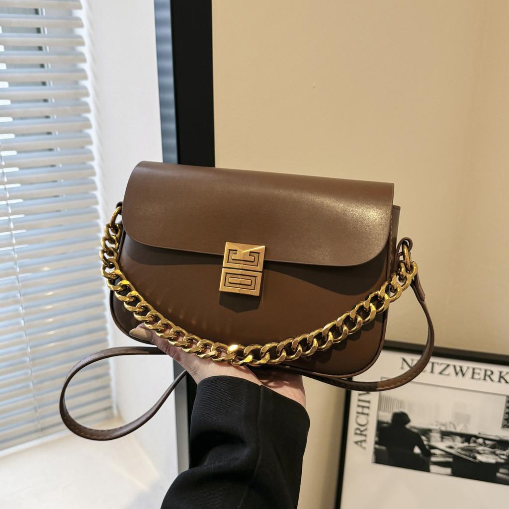 Chic Urban Minimalist Pu Shoulder Crossbody Bag With Chain For Women коричневый