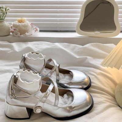 Silver Thick Heel Light Mouth Single Shoes Women's 2025 New Spring and Autumn Skirt Height Increase Mary Jane Small Leather Shoes