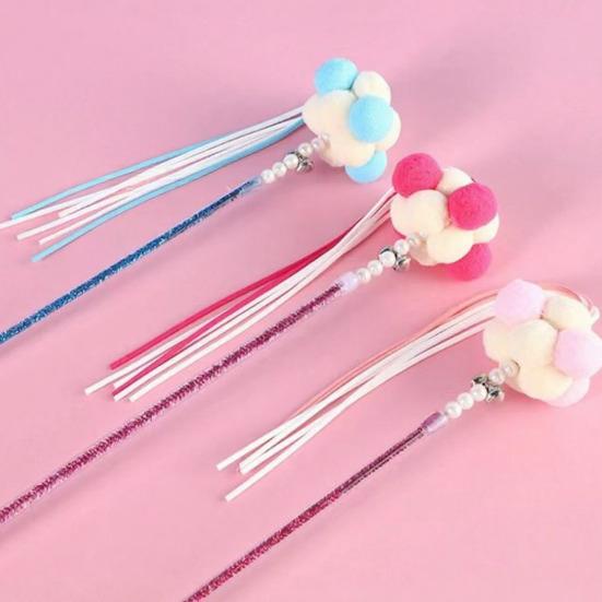 Funny Cat Stick Toy Flexible Long Pole Cat Teaser Wand with Bell And Tassel Interactive Pom-Poms Teaser Wand for Indoor Cats