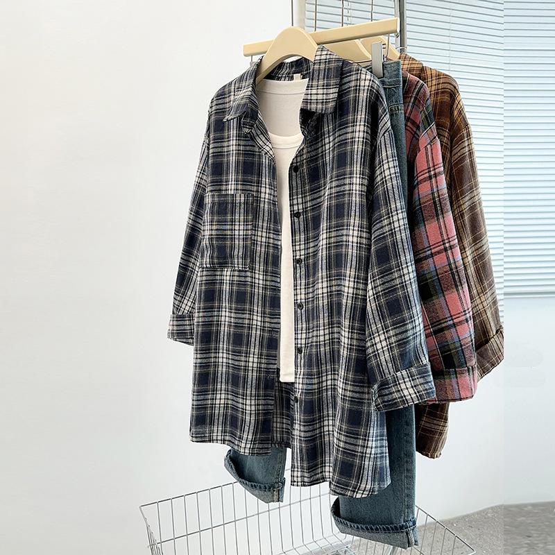 

2025 Autumn Plus Size Retro Plaid Long Sleeve Loose Shirt Cardigan 6XL (180-210 jin) рожевий