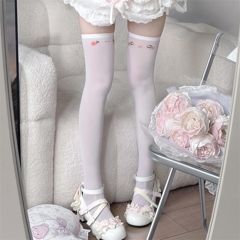 Kaomoji Small Expression Knee Stockings, Cute Printed Subcultural Knee Stockings, Japanese Short Skirts With Stockings
