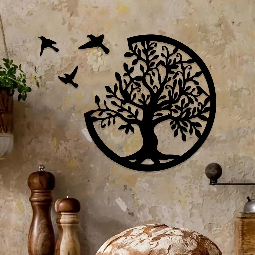 Boho Tree Of Life Black Wooden Wall Hanging,3 Birds Wall Art Decor,Round Hanging Ornaments,Indoor Crafts,Witchy Home Decorations