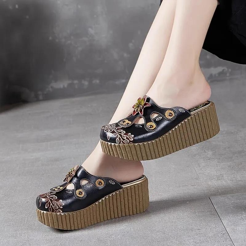 Fashion GKTINOO 2025 Wedge Slides Shoes Women Cover Toes High Heels Flower Sandals Summer Female Genuine Leather Platform Slippers