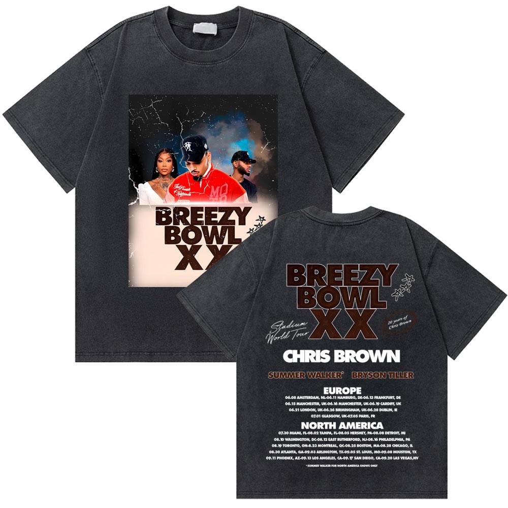 Washed Rapper Chris Brown Breezy Bowl XX World Tour Tshirts Men Women Hip Hop Retro Tshirt Mens Fashion Trend Streetwear
