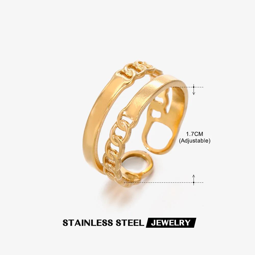1Pcs Stainless Steel Geometric Chain Hollow Ring For Women Trendy Simple Personality Open Ring Waterproof Jewelry Accessories