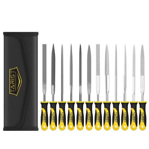

TARIST 12-Piece File Set with Storage Bag, Includes Metalworking Files and Diamond Files, Flat, Round, Half-Round, Triangular, Square, and Spear-Shape