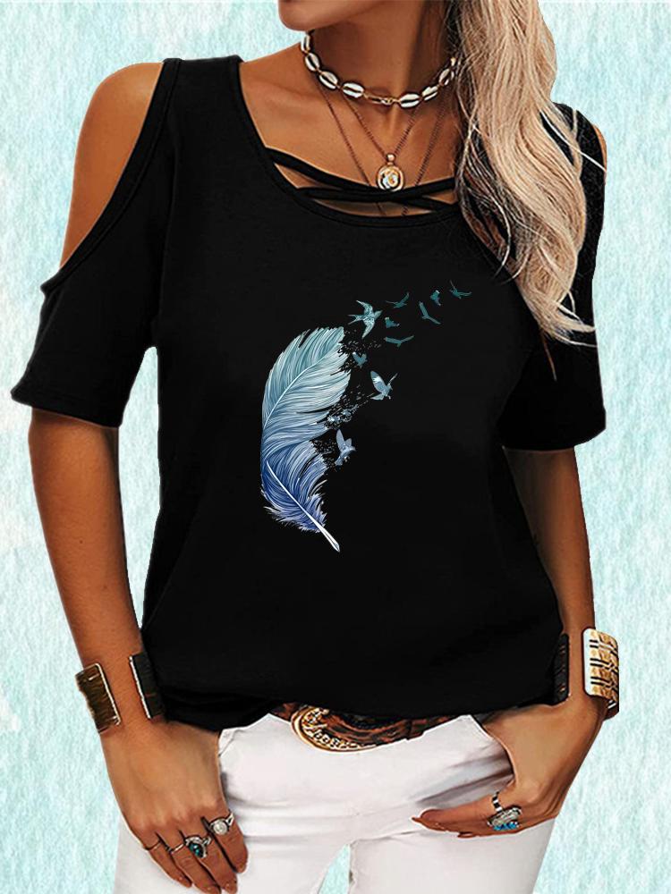 

Футболка с открытыми плечами, женская повседневная футболка с круглым воротником и коротким рукавом, летняя футболка с принтом S