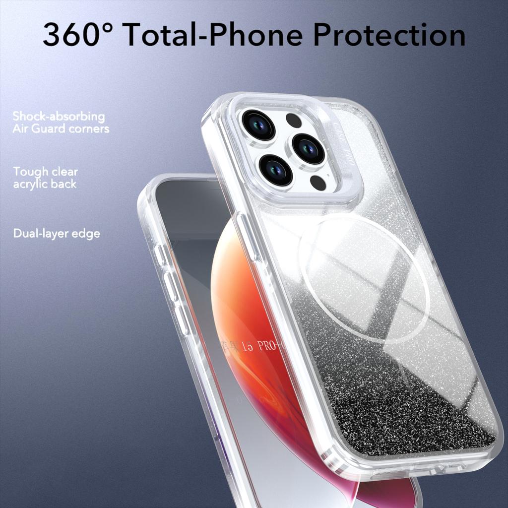 For iPhone 15 Pro Magnetic Case Gradient Glitter Shockproof TPU PC Phone Cover Compatible with MagSafe