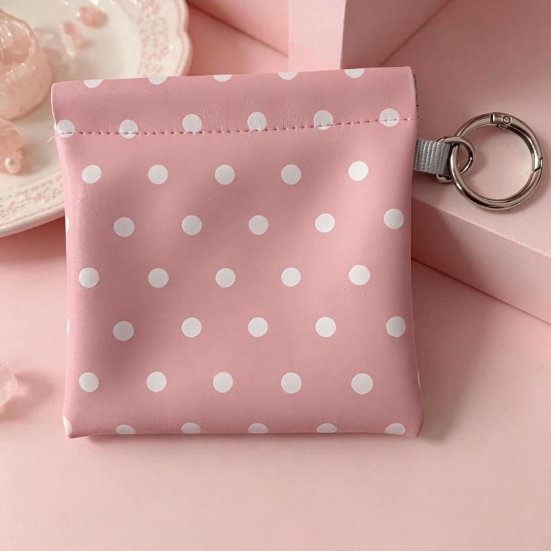 Pu Leather Spring-Loaded Polka Dot Coin Purse With Key Ring Compact Design For Storing Coins Cards Keys Daily Use