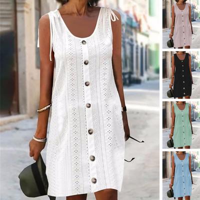 Robe d'été pour femmes, couleur unie, sans manches, décor de boutons, col en U, sangle ample, respirante, à lacets, robe de soirée, vêtements féminins