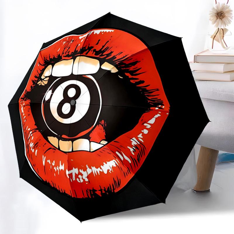 1pc Lips Eight Ball Automatic Open/Close Umbrella, Windproof, Folding Compact Umbrella with Lightweight Design for Women/Men047