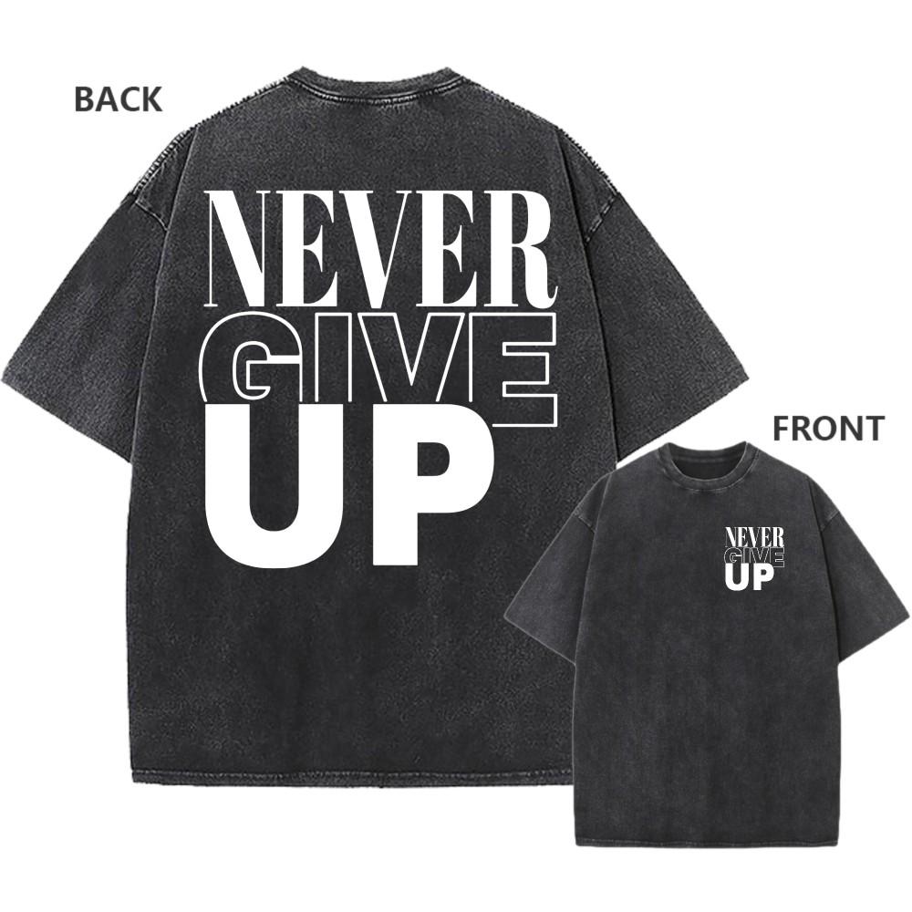 Men s Oversized Acid Wash Vintage 100% Cotton Never Give Up Graphic Tee S