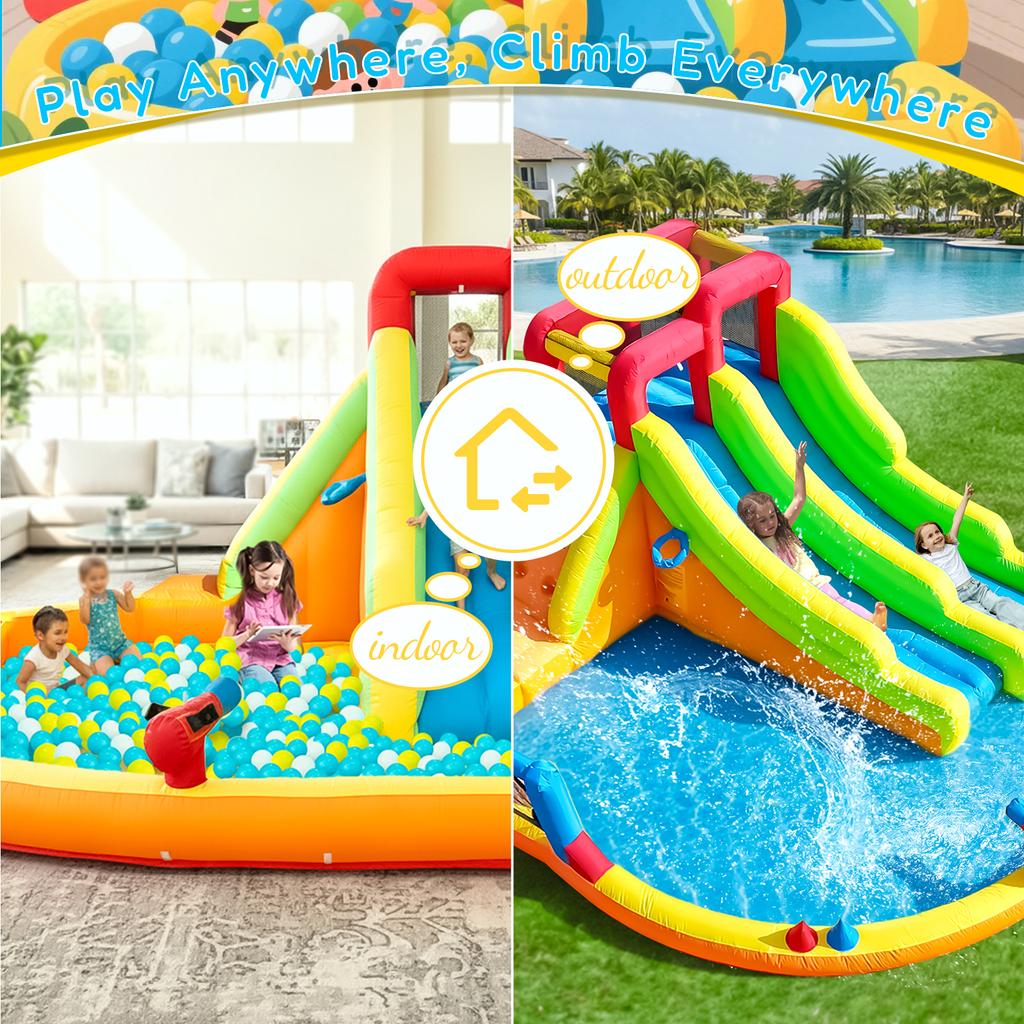 Tobogán de Agua Inflable Doble Carril Bouncer Combo Casa de Brincar con Piscina de Agua, Trampolín, Red de Tiro, Canasta, Escalada