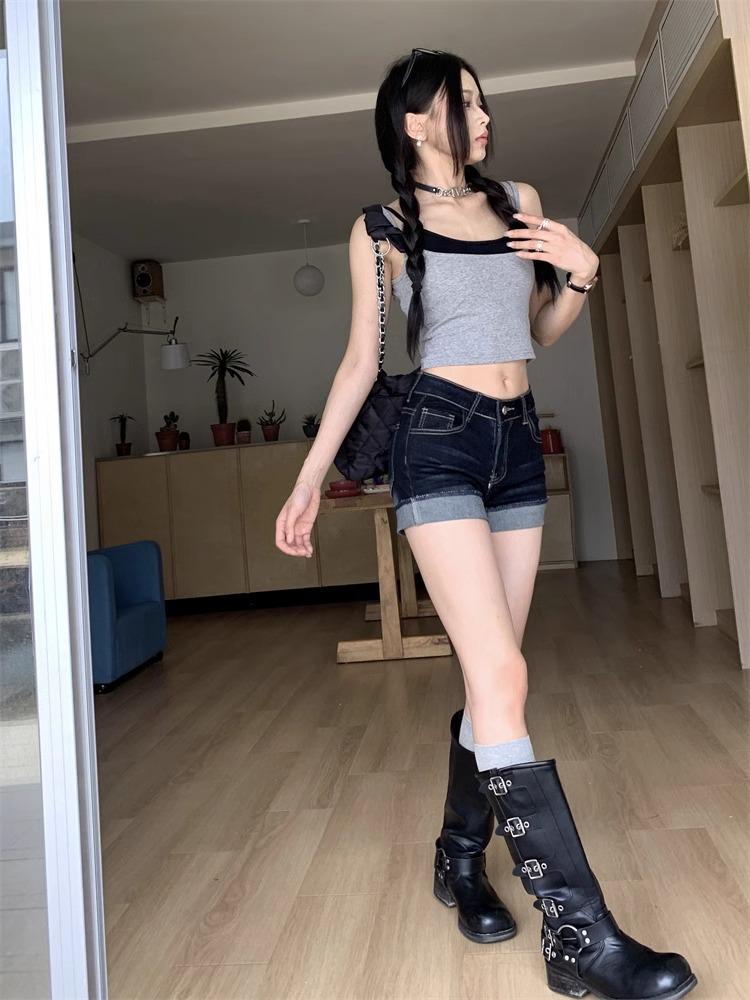 Women's High-Waist Dark Blue Denim Shorts - Sexy, Hip-Hugging A-Line with Rolled Edges for Summer