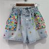 Thailand Tide Brand Summer New Heavy Industry Inlaid with Colored Diamond Beads High Waist Thin Wide Leg Denim Shorts Cross-border
