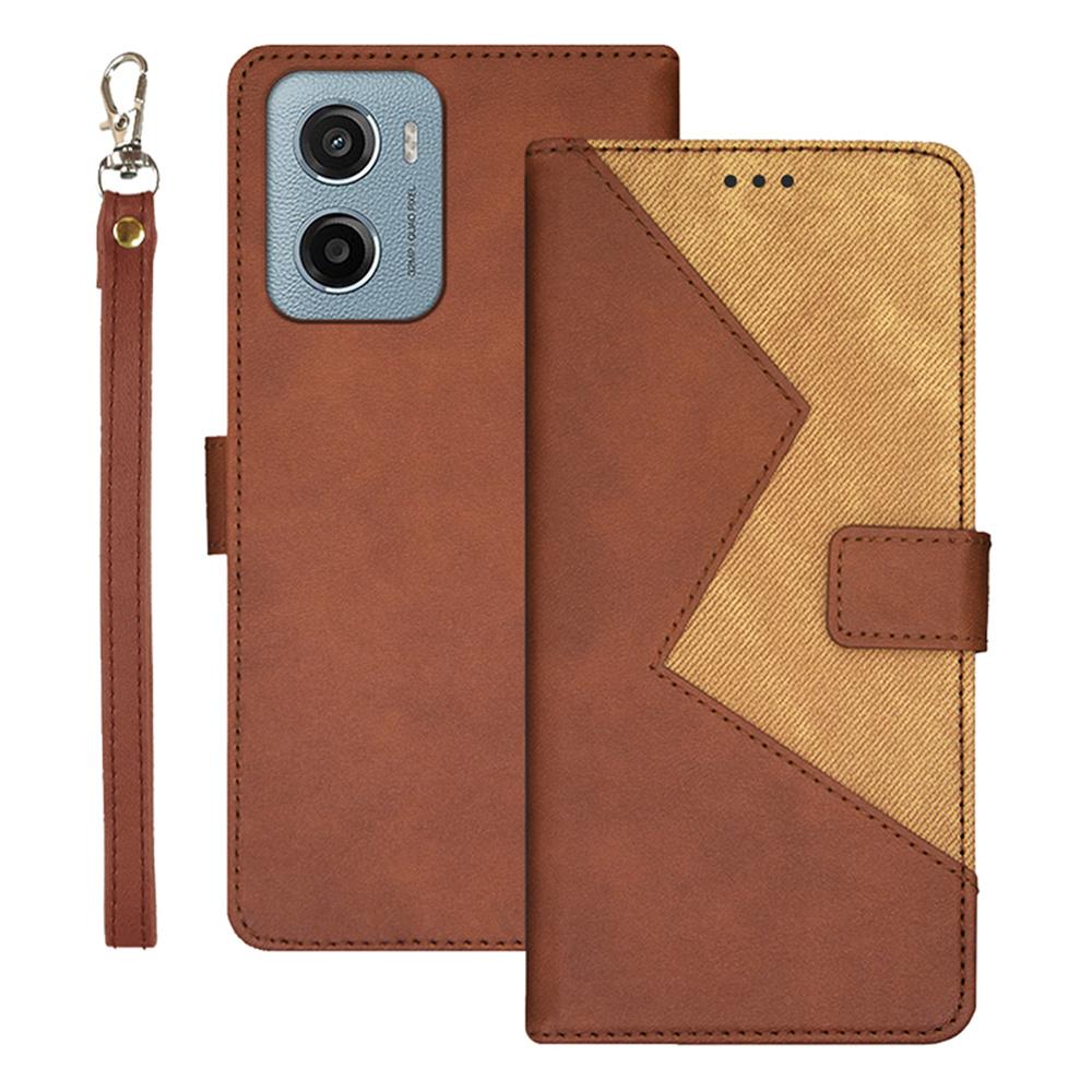 

For Motorola Moto E15 4G Case Card Slots Splicing Color Leather Phone Cover Brown