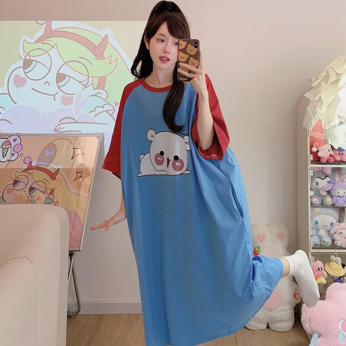 Women's Plus Size Cotton Nightdress - Cute Cartoon, Round Neck, Long Sleeve, Spring/Summer