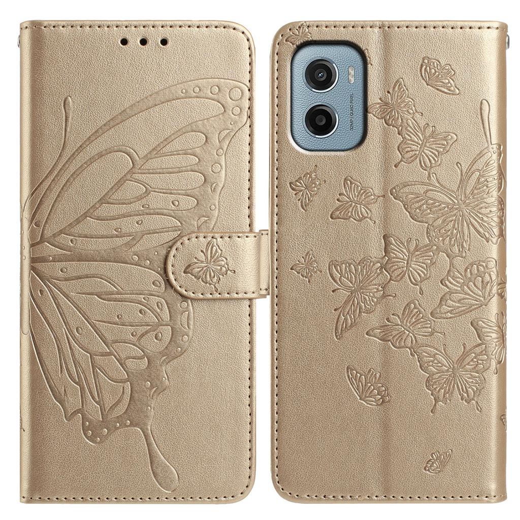 Schutzhülle mit Schmetterlingsmuster für Motorola Moto E15 4G/G05 4G: Klapphandyhülle aus PU-Leder mit Ständer und Tragegurt