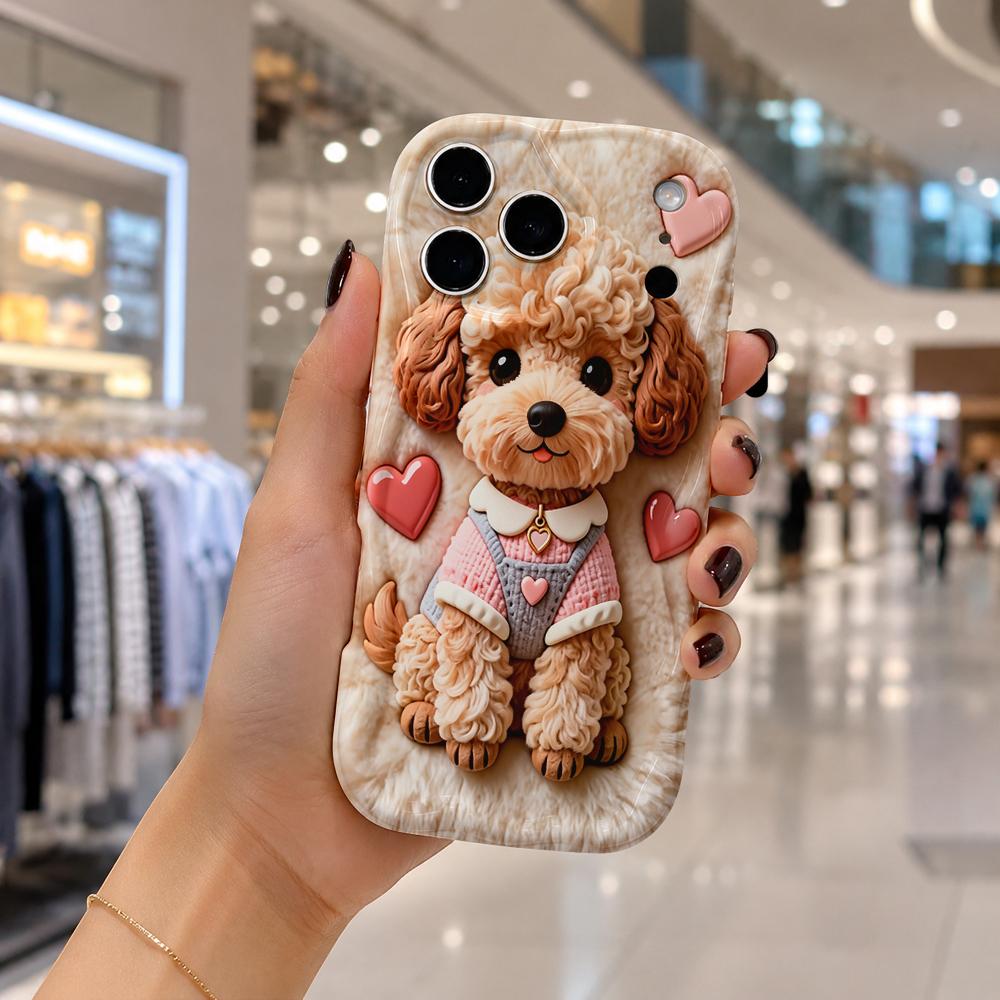 Fluffy Teddy Pink Gloss Heart Phone Case For iPhone 17 16 15 14 13 12 11 Pro Max Plus Wavy Edge Cover