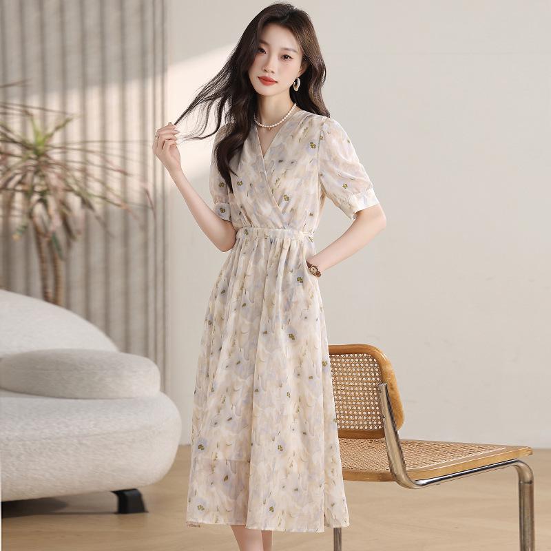 Gentle Floral Print V-Neck Summer Dress for Women - Elegant French Tea Break Style