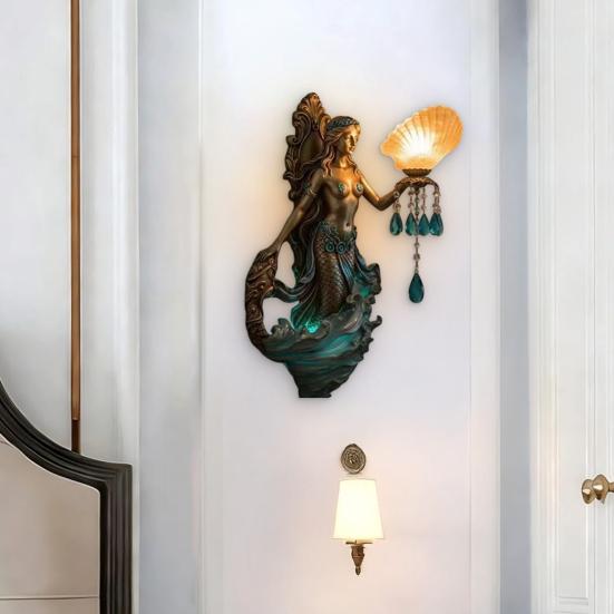 Mermaid Wall Sconce Vintage Resin LED Lamp for Bedroom Living Room Warm Glow Fantasy Decor Unique Gift for Ocean & Mythical Lovers