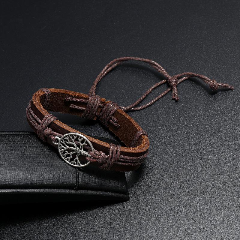 Braided Wrap Leather Bracelets for Men Vintage Life Tree of Rudder Charm Wood Beads Ethnic Tribal Wristbands