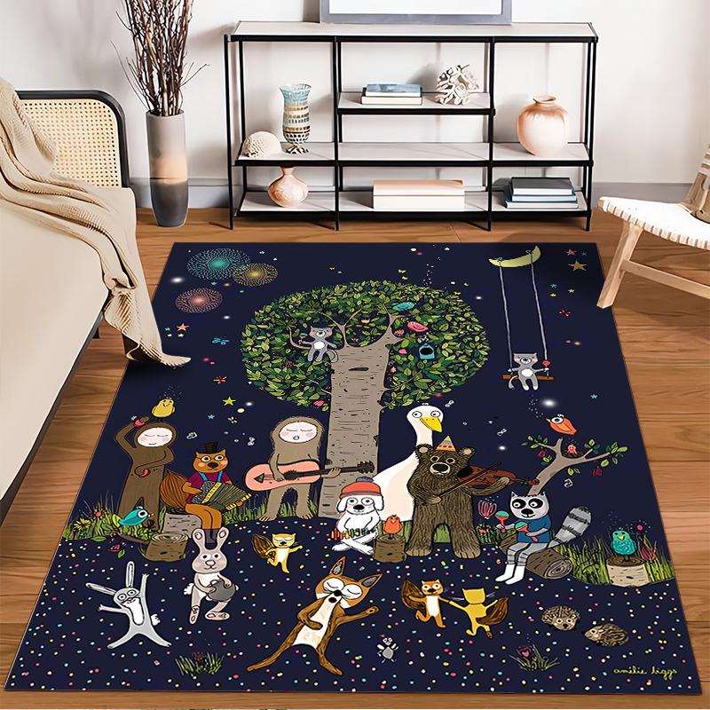 "Whimsical Animal Party Carpet with Tree, Night Sky, and Fun Designs" Suitable for use as an anti-slip for living room bedroom sofas