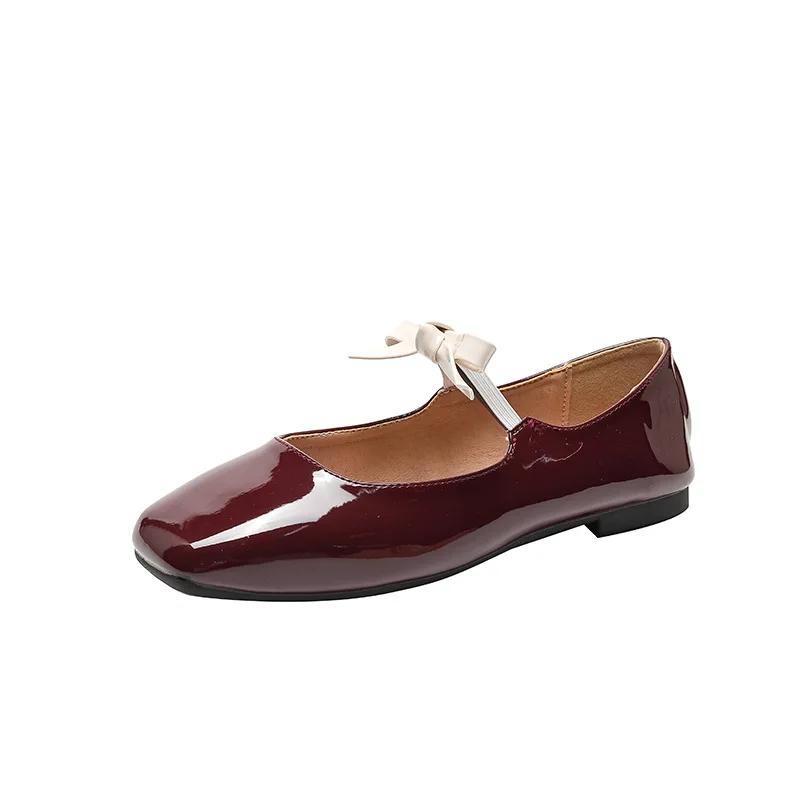Flats Shoes Women Fashion Flat Single Shoes Women's New Spring and Autumn Bow French Retro Ballet Red Mary Jane Shoes
