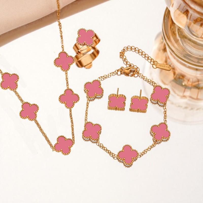Titanium Steel Four Leaf Clover Necklace Set Women Hypoallergenic Fashion Jewelry With Earrings Bracelet Pendant In 8 Colors